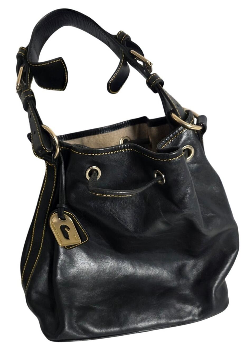 Vintage Dooney & Bourke Black Leather Bucket Bag Drawstring Shoulder Purse Y2K